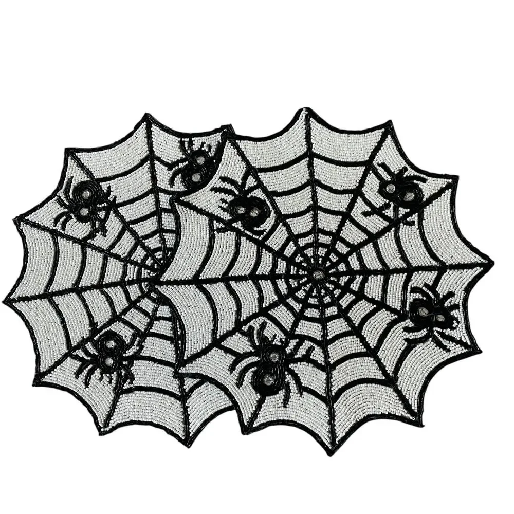 2pc Rachel Zoe Halloween Spider Web Beaded Placemat Charger 15in Black & White